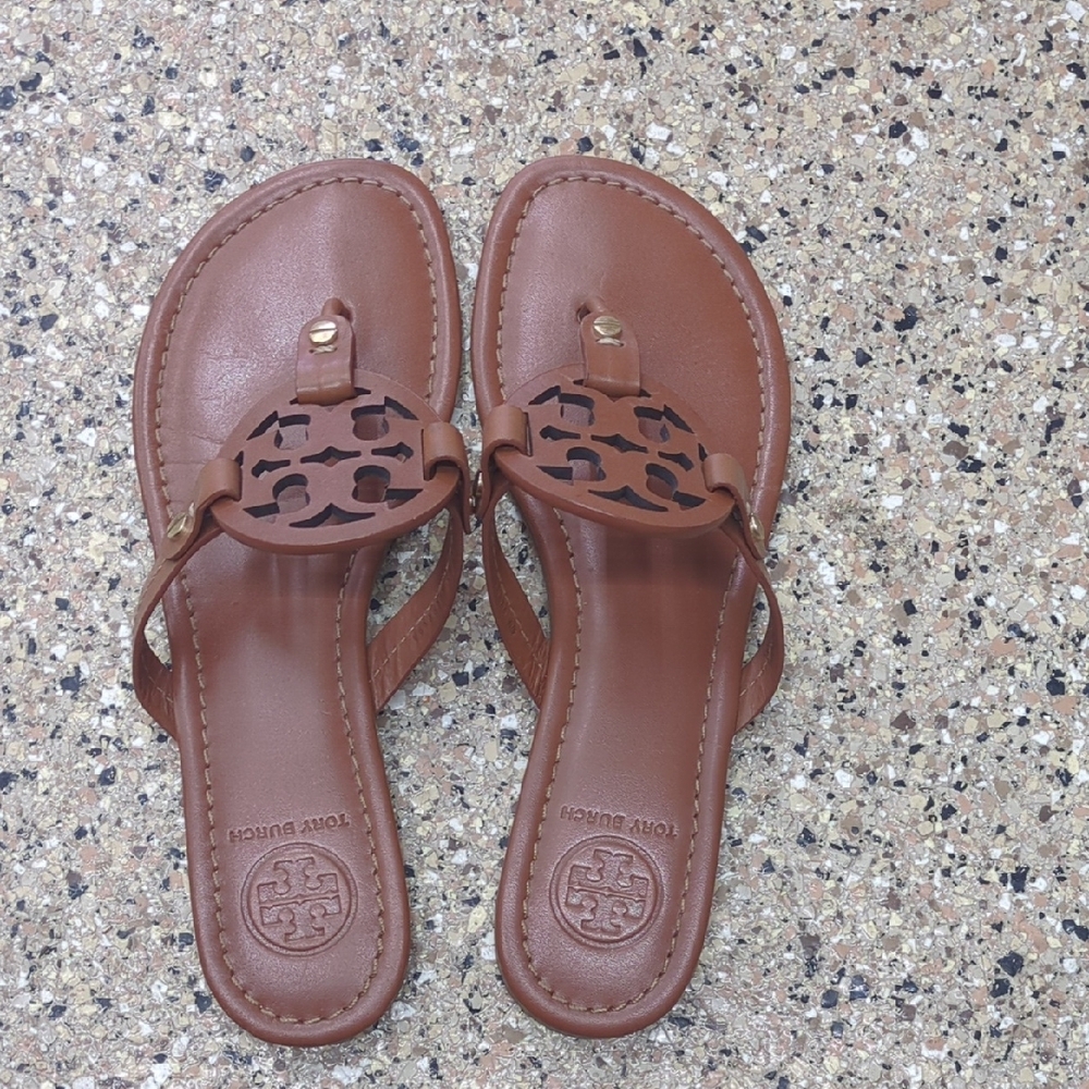 Tory Burch Brown Leather Sandals with Medallion Logo